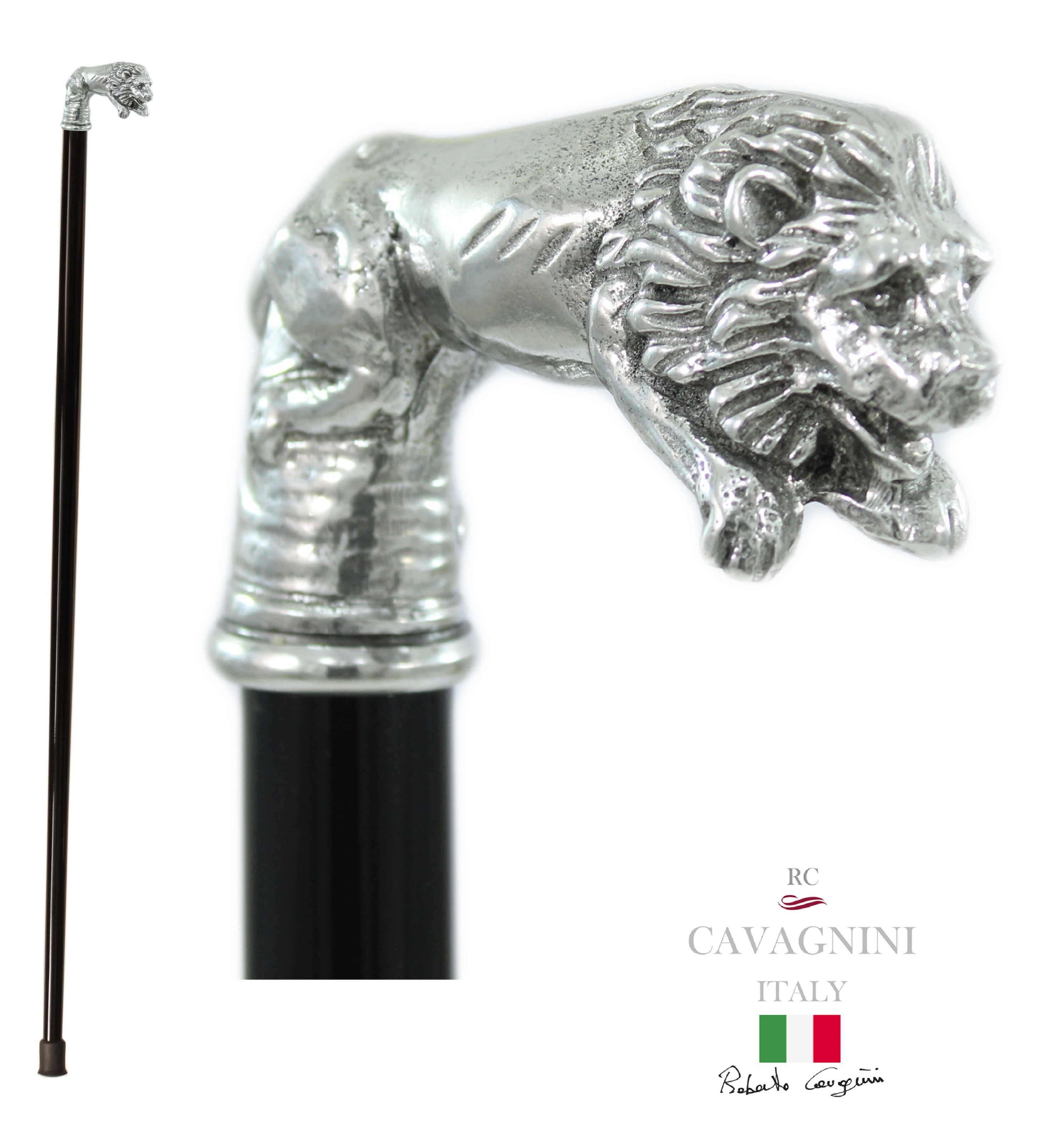 BLACK FRIDAY Wood walking sticks fon men CAVAGNINI Metal Pewter Lion Little Head Black Medical Ornament Women Gift for old people made in italy 