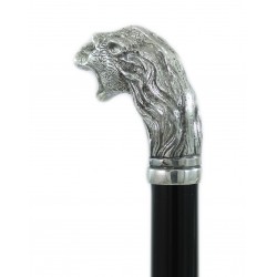 Lion head walking stick, elegant and robust, in solid metal. customizable length, initials engraving