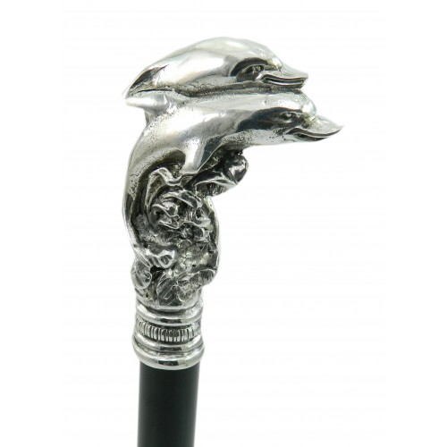 Bastón con delfines, elegante y robusto, de metal macizo. longitud personalizable, grabado de iniciales