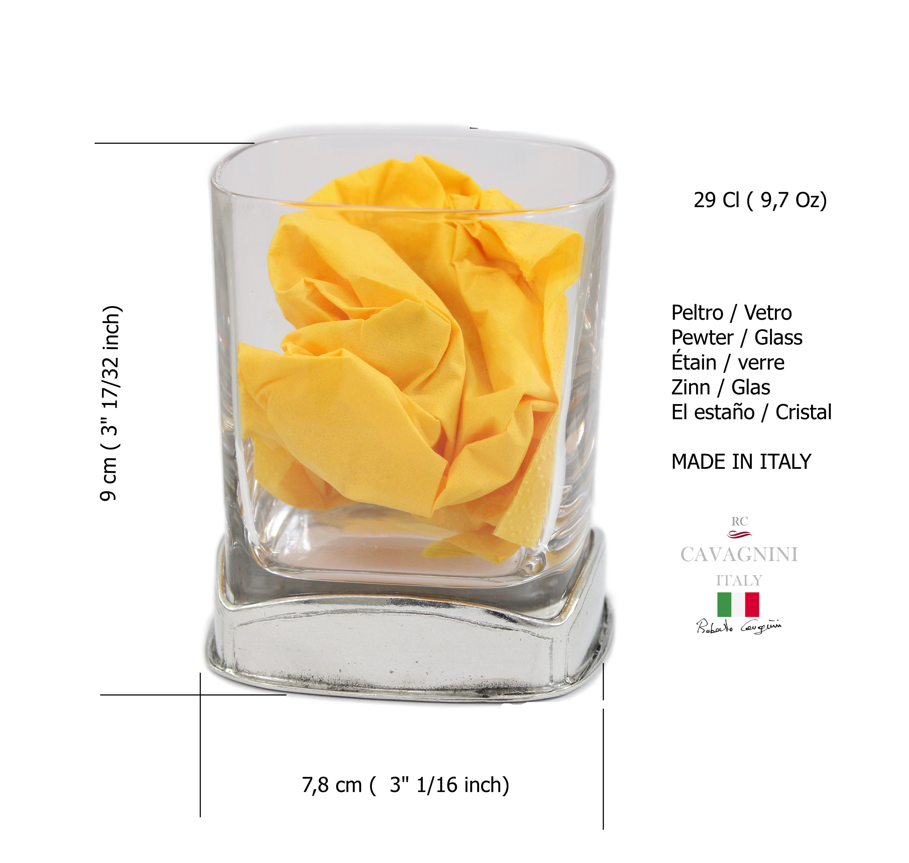 Square glass, cognac, 29 cl. In pewter and glass