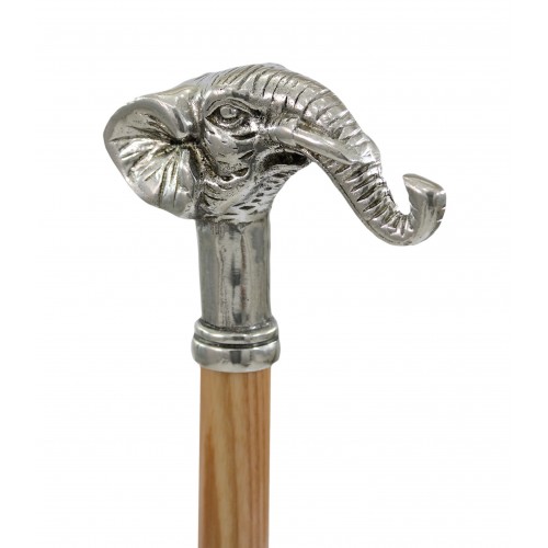 Walking stick handle elephant, wood and pewter