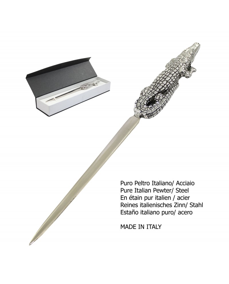 Crocodile letter opener, in pewter and stainless steel, elegant classy gift